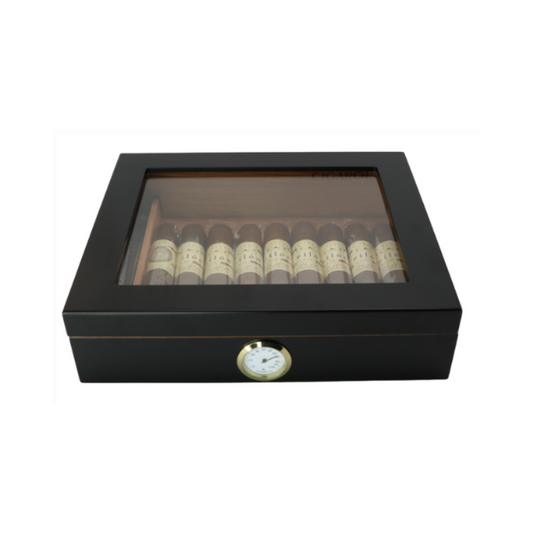 Cigar Humidor With Hygrometer Cigar Box Cedar Cigar Desktop Box with Humidifier and Hygrometer Glass Top - Black