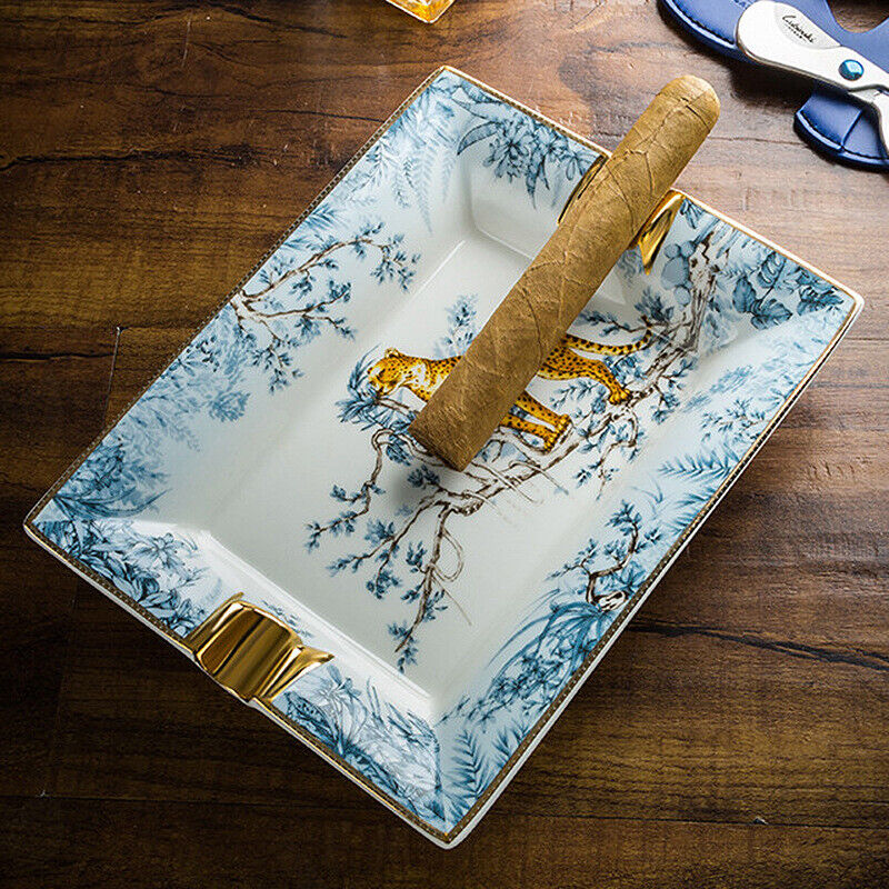 LUBINSKI Ceramic Cigar Ashtray for 2 Cigars Holder Lion Pattern Tray Design