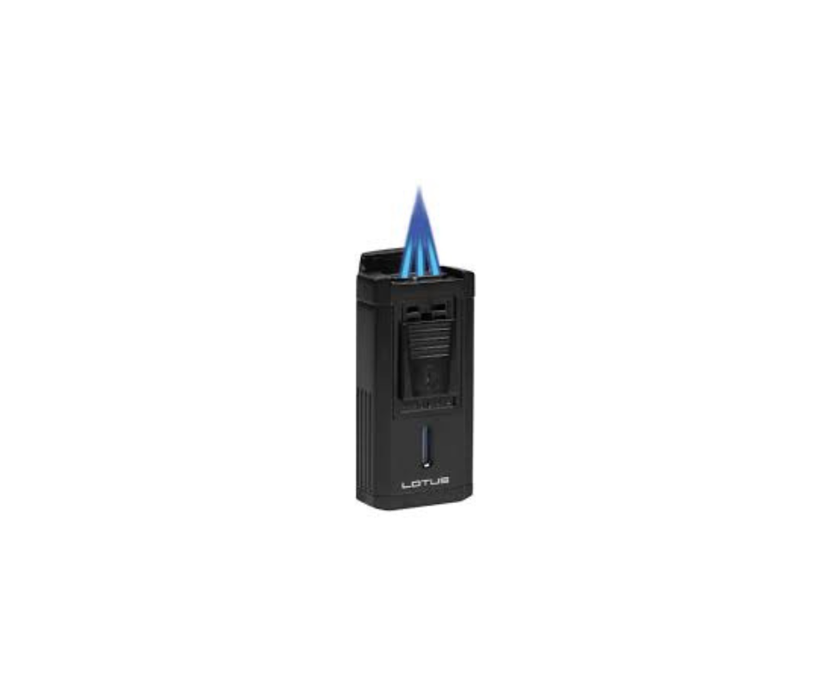Lotus Cigar Lighter with Triple Pinpoint Wind Resistant Torch Flames Fuel Level Window L60 Black