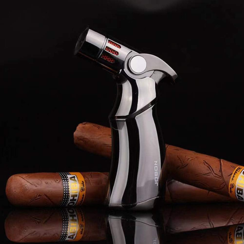 JOBON Refillable Butane Quad 4 Flame Cigar Lighter Adjustable Windproof Cigar Lighter Silver