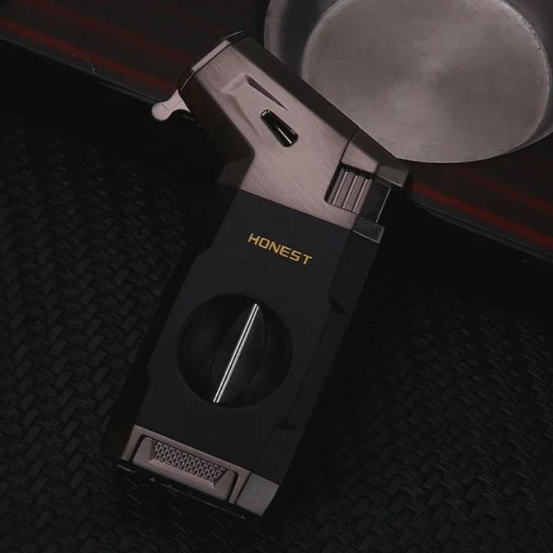 HONEST Cigar Lighter with V Cut Cigar Lighter Metal Jet Flame 2 In 1  Windproof Black