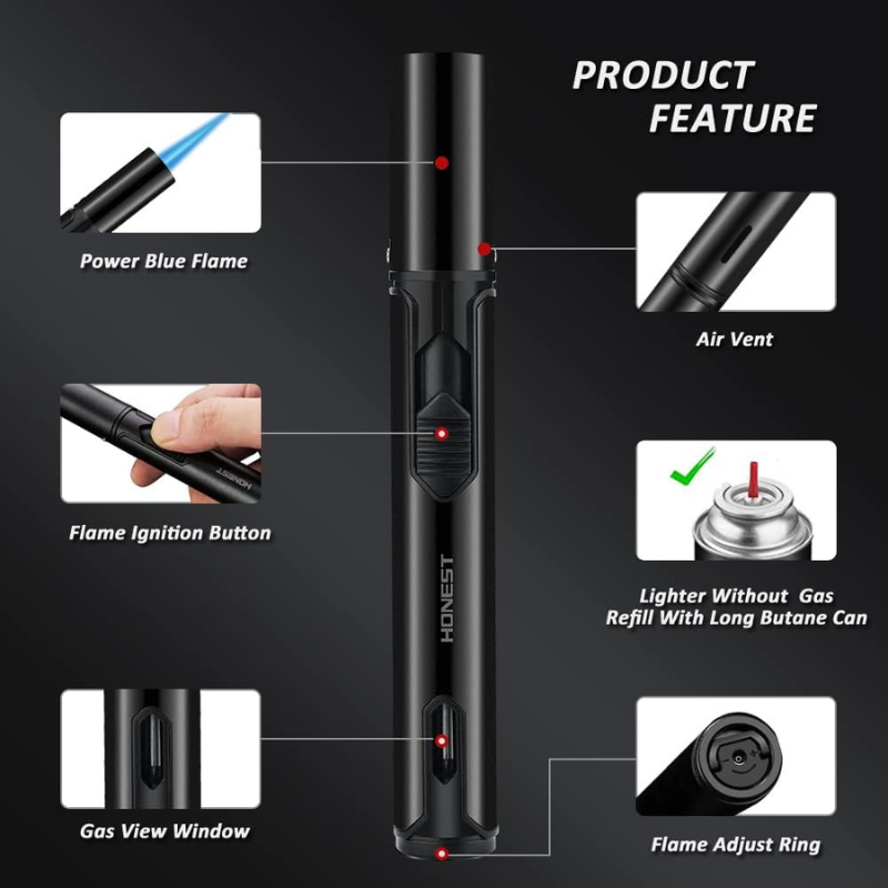 HONEST Cigar Lighter Windproof Single Jet Flame Butane Refillable Torch Lighter Black