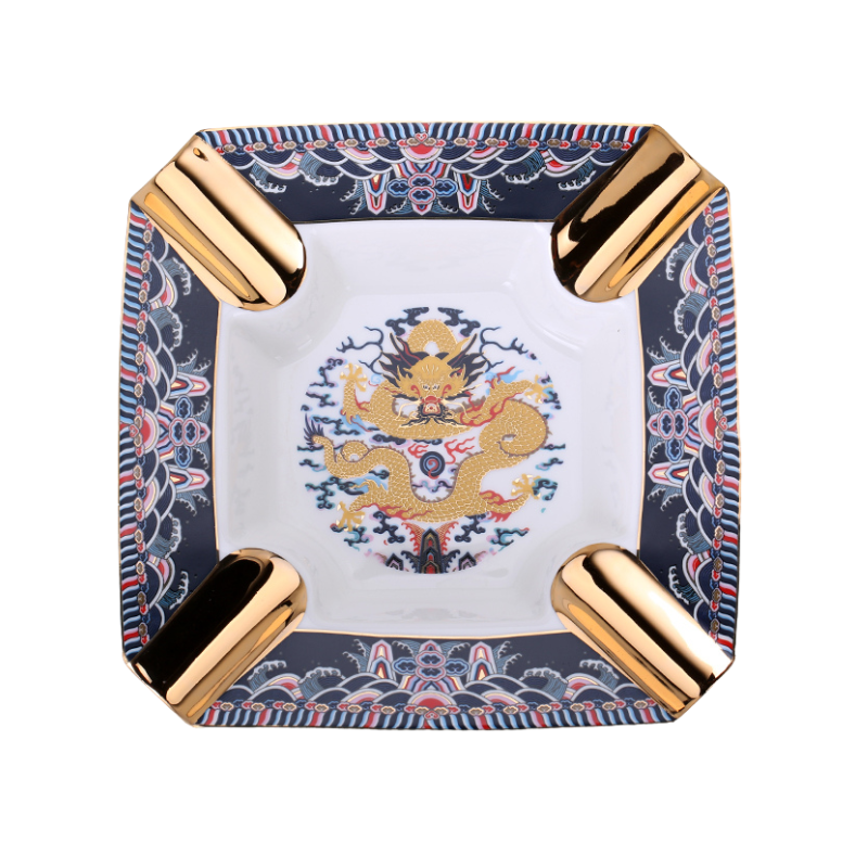 LUBINSKI Chinese Ceramic Cigar Ashtray 4 Cigar Holder Tabletop Ashtray with  Pattern Tray Design