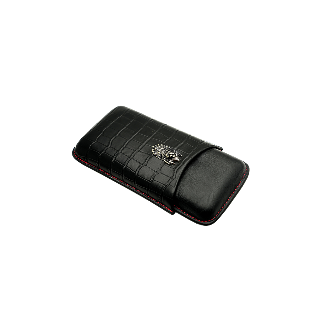 Lubinski Leather Cigar Case Travel Case Mini Humidor Holder 3 Tube Crocodile Pouch Black