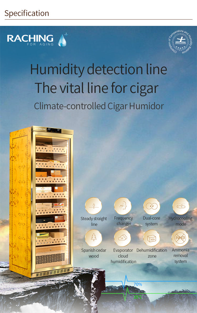 RACHING HUMIDOR Cigar Cabinet Electronic Humidor MON Series - MON3800A Premium Canada Cedar Trays(1500 cigars) - GOLD