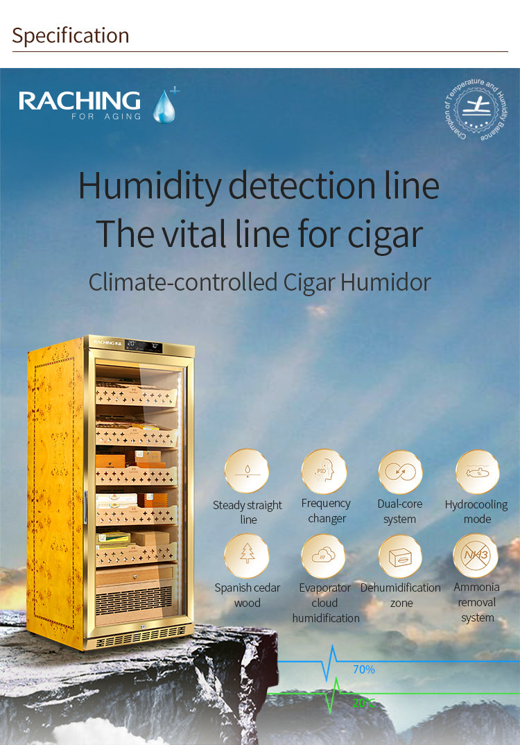 RACHING CIGAR HUMIDOR CABINET Electronic Humidor Premium Canada cedar wood trays MON Series-  MON1800A (1200 cigars) - GOLD