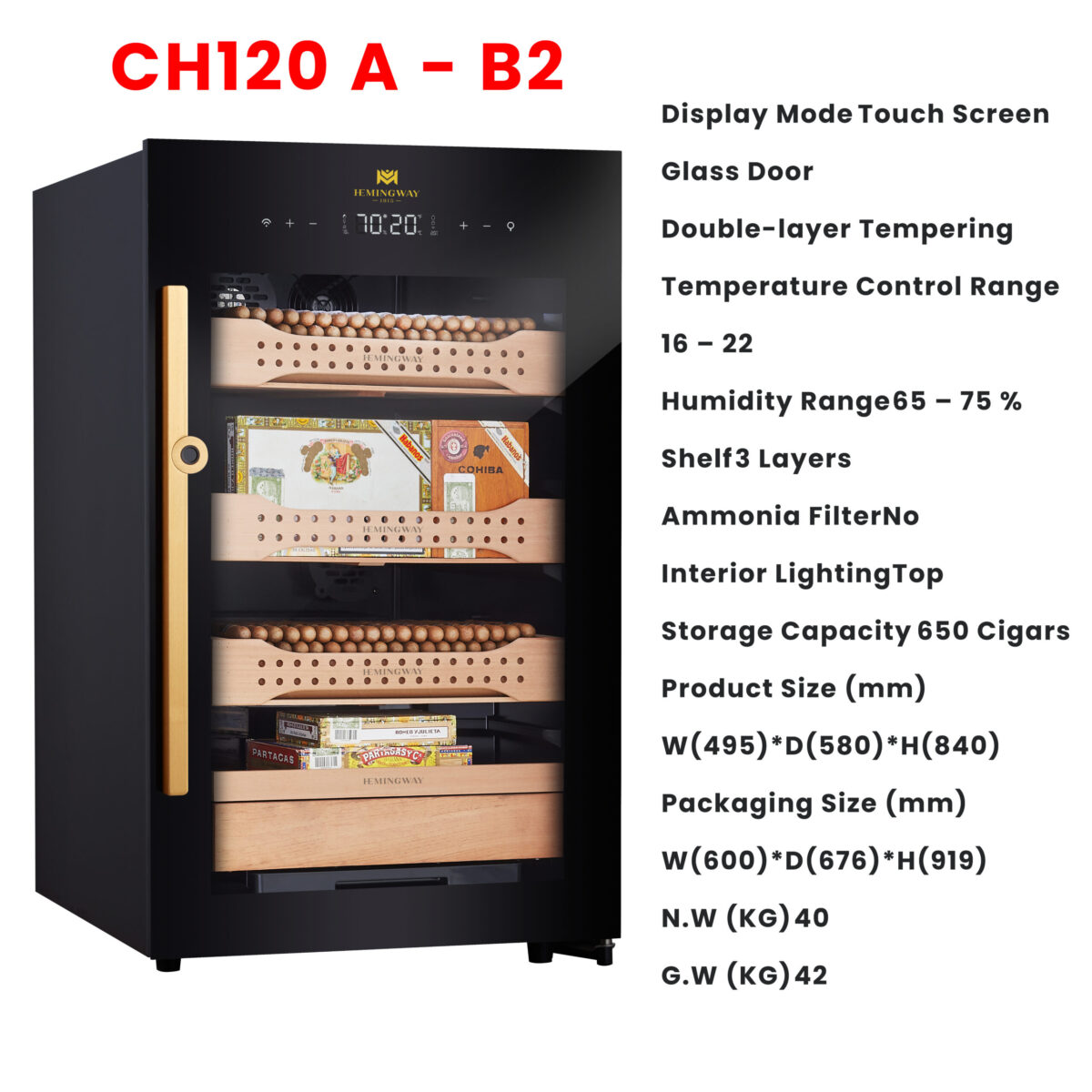 Hemingway Electric Cigar Humidor, Dual‑Zone Smart Humidifier with Touchscreen & Digital Hygrometer, Wi‑Fi App Control, UV‑Protected Glass, Spanish Cedar WOOD, Holds Up to 600 Cigars – (CH120AH-B2)