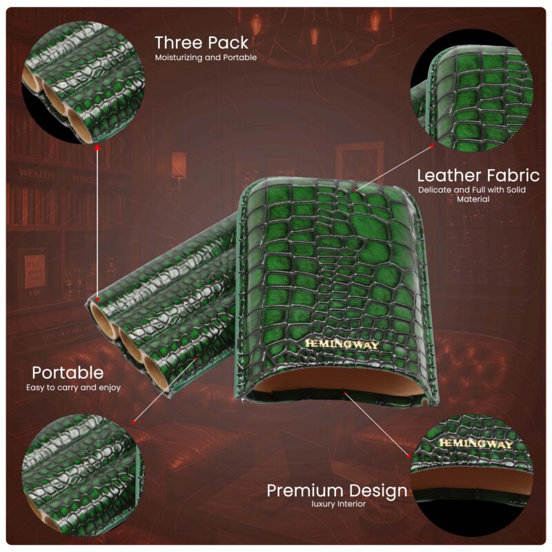 Hemingway Portable Cigar Case 3 Cigars Holder Premium leather Cigar Case - GREEN