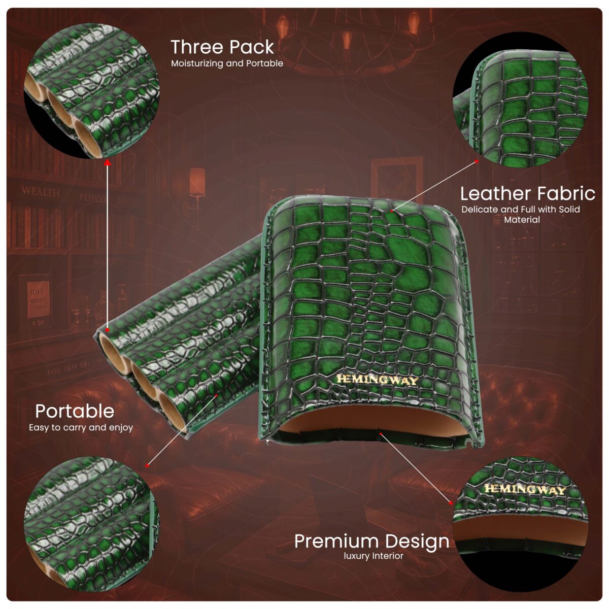 Hemingway Portable Cigar Case 3 Cigars Holder Premium leather Cigar Case - GREEN