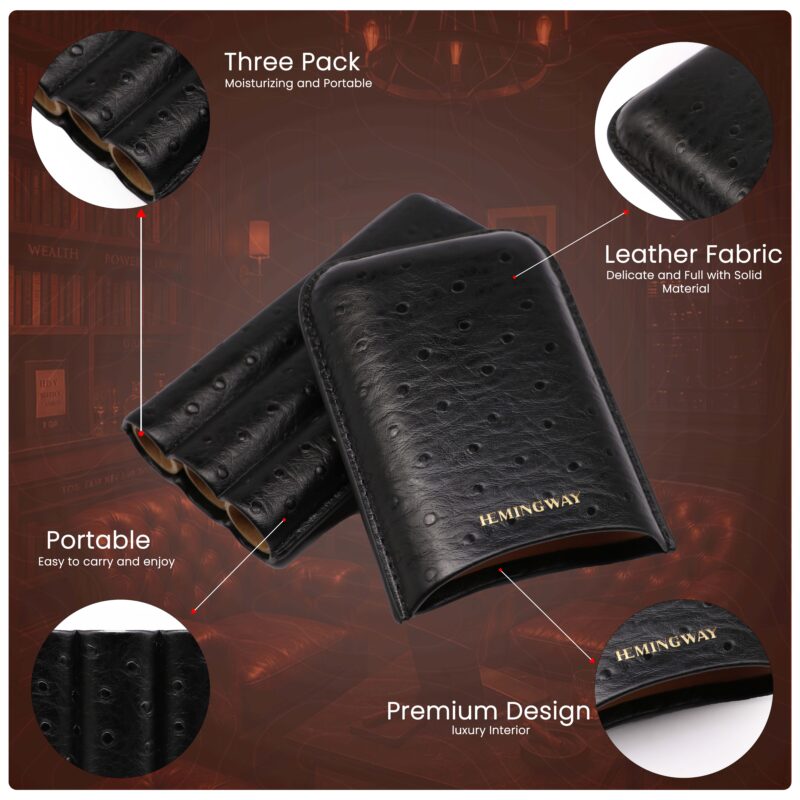 HEMINGWAY PORTABLE CIGAR CASE 3 CIGARS HOLDER PREMIUM LEATHER CIGAR CASE – BLACK