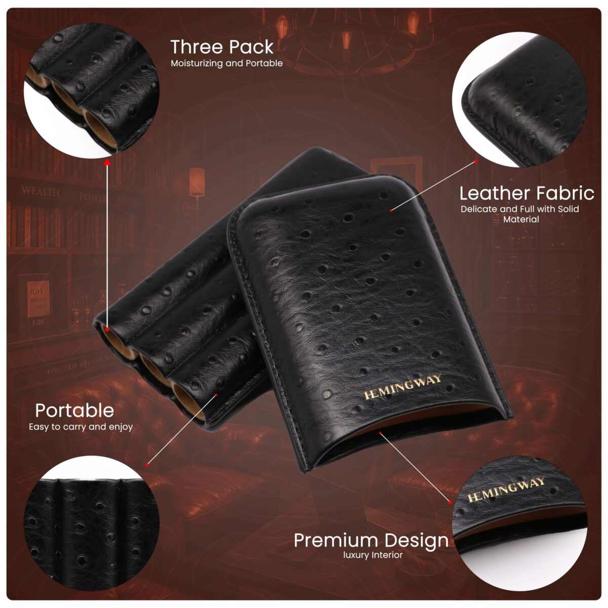 HEMINGWAY PORTABLE CIGAR CASE 3 CIGARS HOLDER PREMIUM LEATHER CIGAR CASE – BLACK