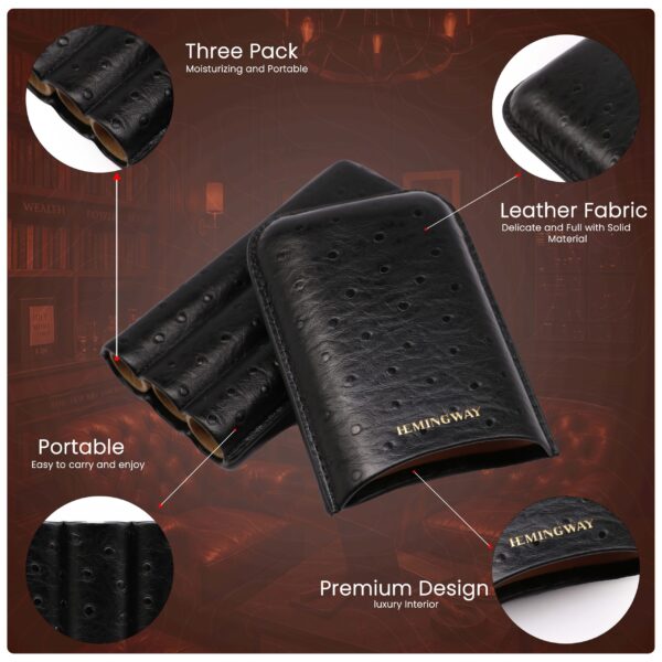 HEMINGWAY PORTABLE CIGAR CASE 3 CIGARS HOLDER PREMIUM LEATHER CIGAR CASE – BLACK - Image 4
