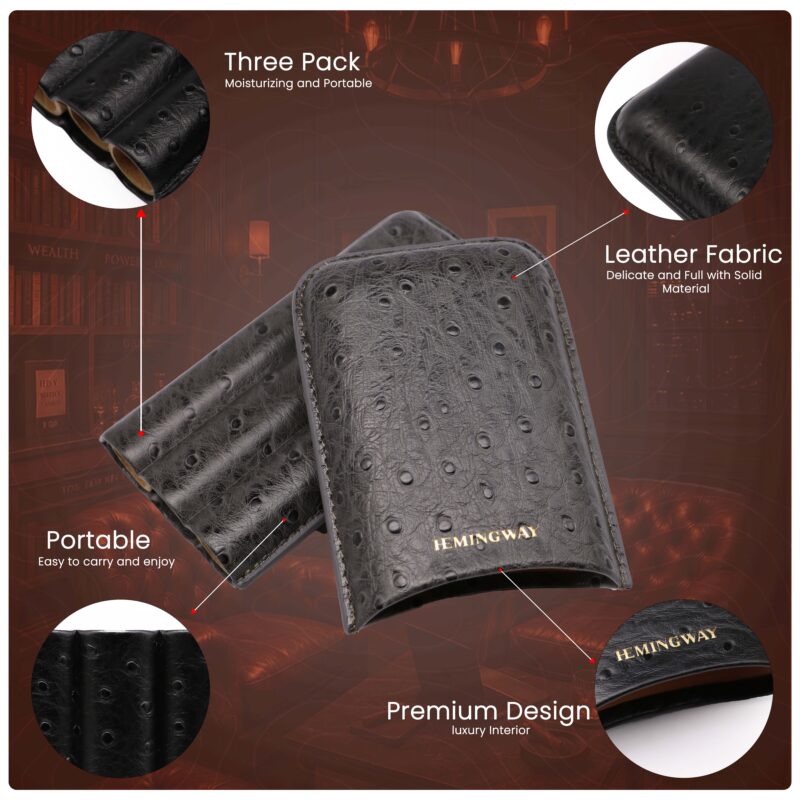 HEMINGWAY PORTABLE CIGAR CASE 3 CIGARS HOLDER PREMIUM LEATHER CIGAR CASE – GRAY