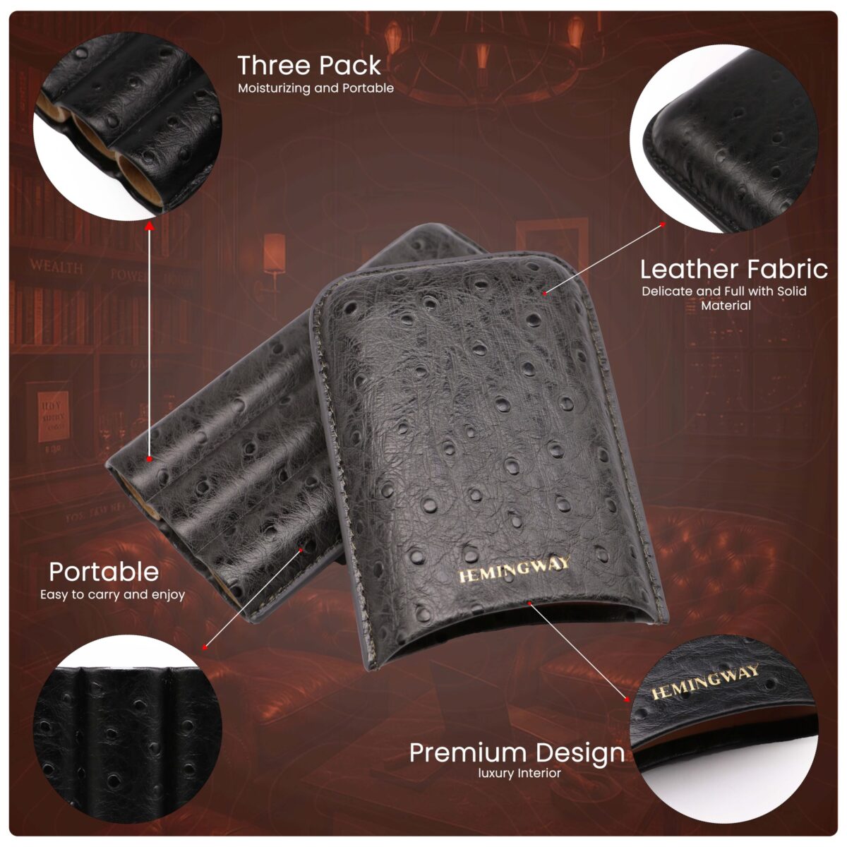 HEMINGWAY PORTABLE CIGAR CASE 3 CIGARS HOLDER PREMIUM LEATHER CIGAR CASE – GRAY