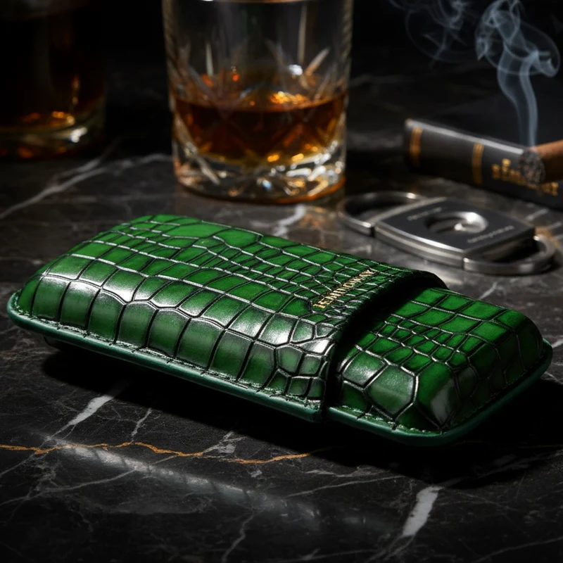 Hemingway Portable Cigar Case 3 Cigars Holder Premium leather Cigar Case - GREEN