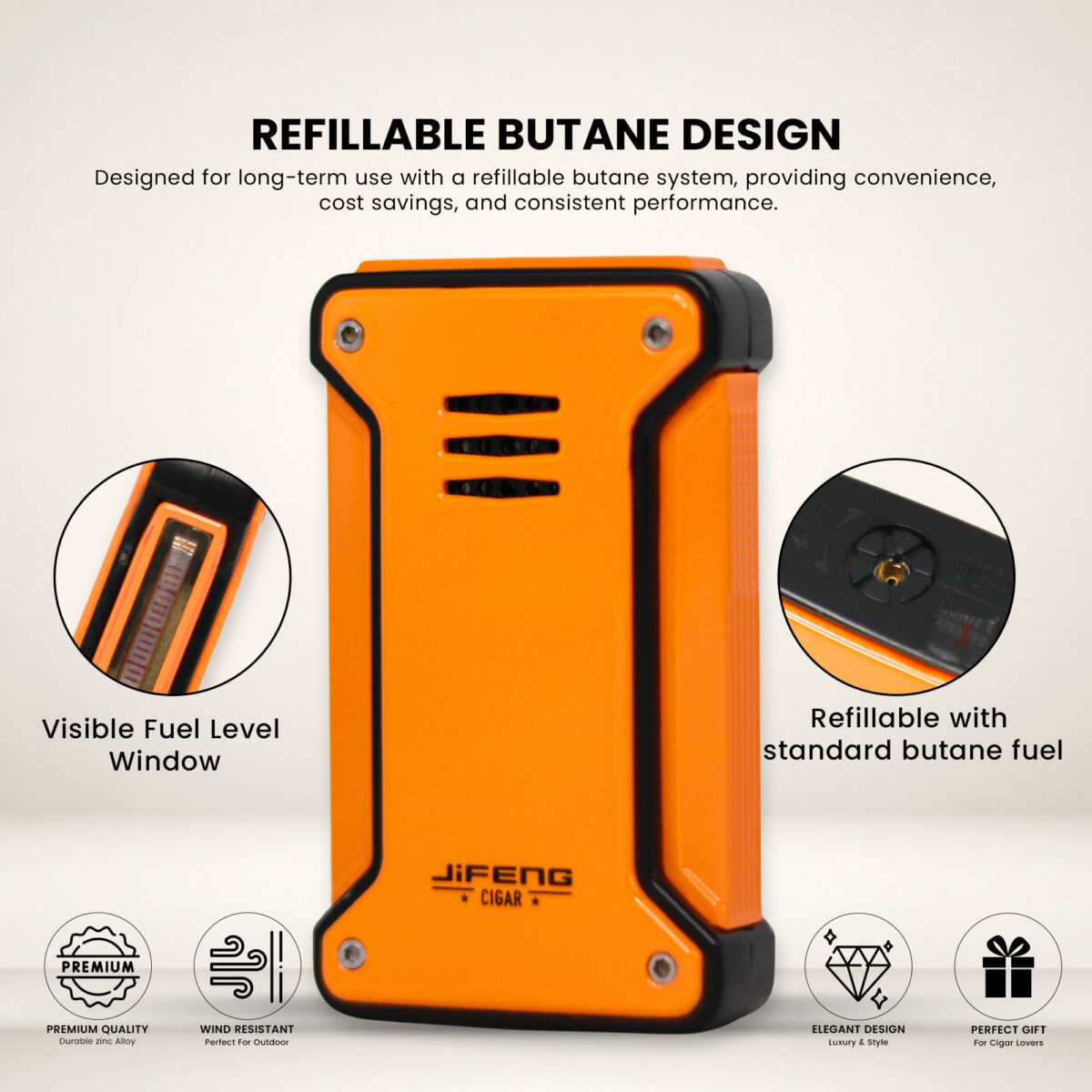 Jifeng Butane Cigar Lighter Torch Gas Refillable Windproof Lighter Jet Flame Orange
