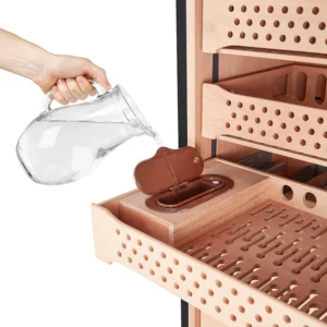 Refilling the humidifier in Hemingway B8 luxury cigar humidor cabinet with Spanish cedar interior