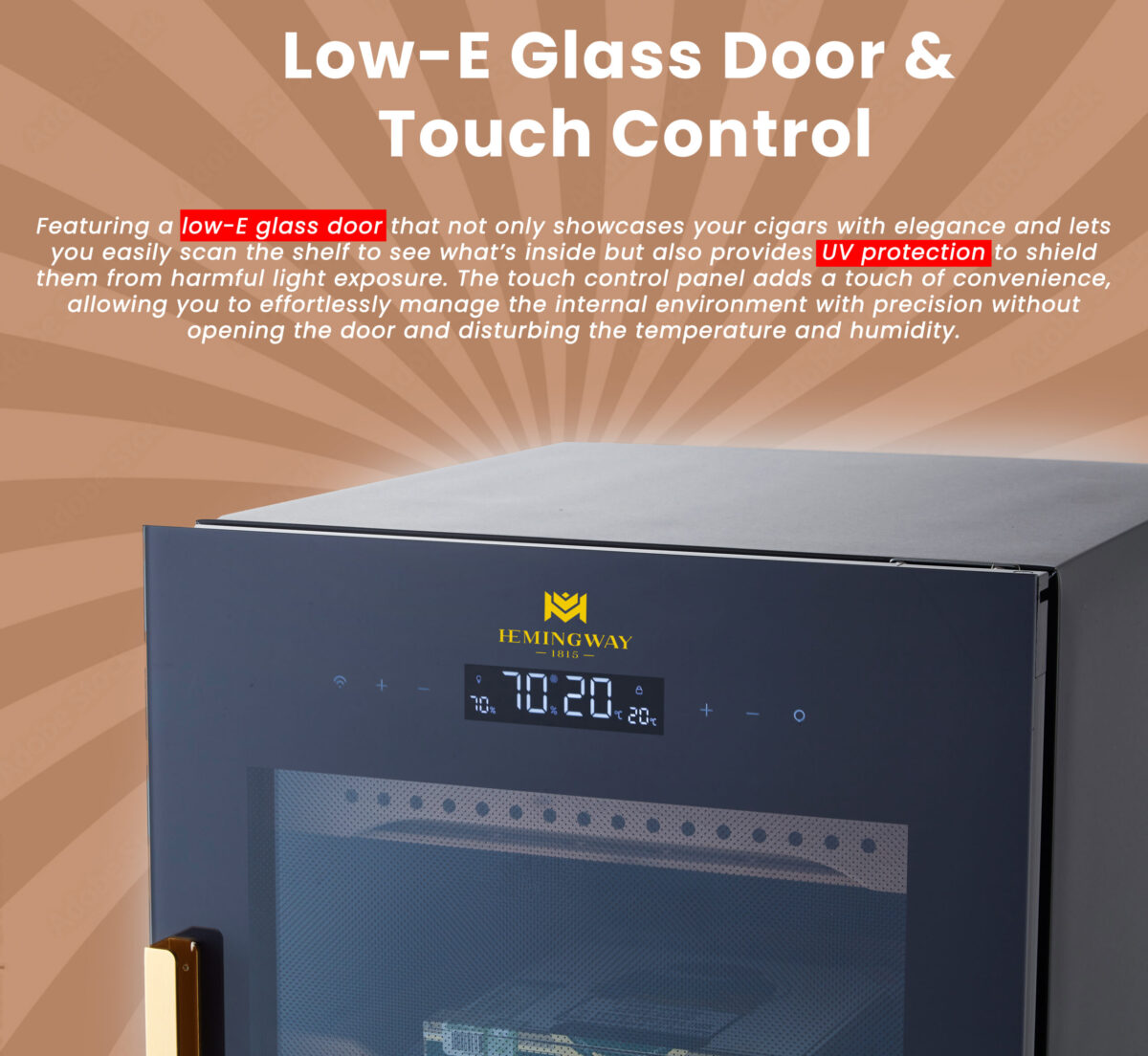 Hemingway Electric Cigar Humidor, Dual‑Zone Smart Humidifier with Touchscreen & Digital Hygrometer, Wi‑Fi App Control, UV‑Protected Glass, Spanish Cedar WOOD, Holds Up to 600 Cigars – (CH120AH-B2)