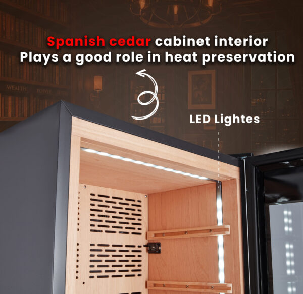 Luxury cigar humidor interior with LED lighting and Spanish cedar shelves