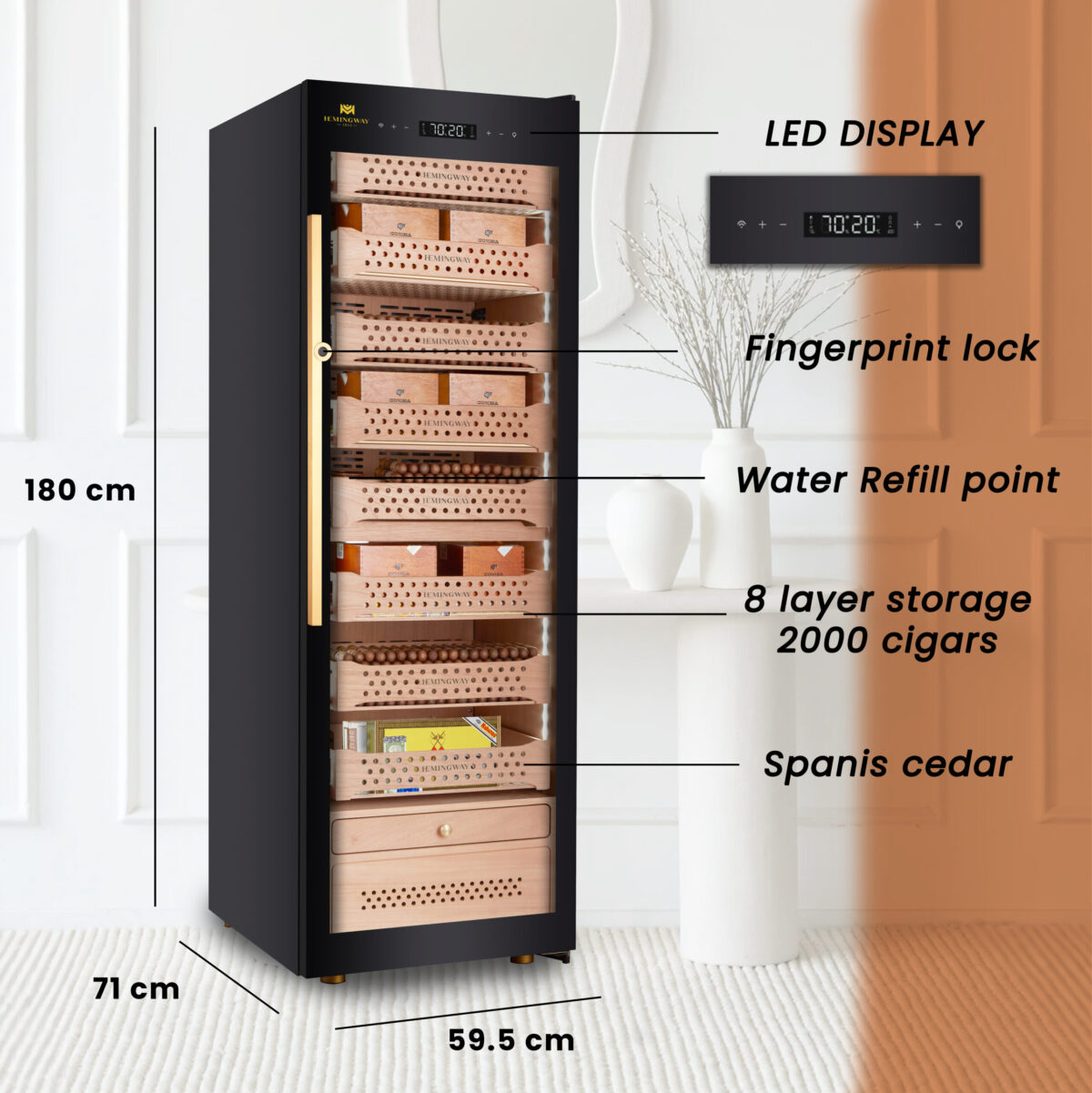 Hemingway Electric Cigar Humidor, Dual‑Zone Smart Humidifier with Touchscreen & Digital Hygrometer, Wi‑Fi App Control, UV‑Protected Glass, Spanish Cedar WOOD, Holds Up to 2000 Cigars – (JC376A2-B8)