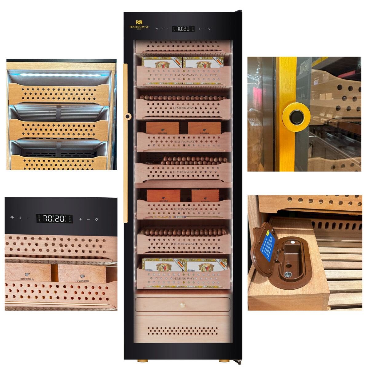 Hemingway Electric Cigar Humidor, Dual‑Zone Smart Humidifier with Touchscreen & Digital Hygrometer, Wi‑Fi App Control, UV‑Protected Glass, Spanish Cedar WOOD, Holds Up to 1500 Cigars – (CH120AH-B6)