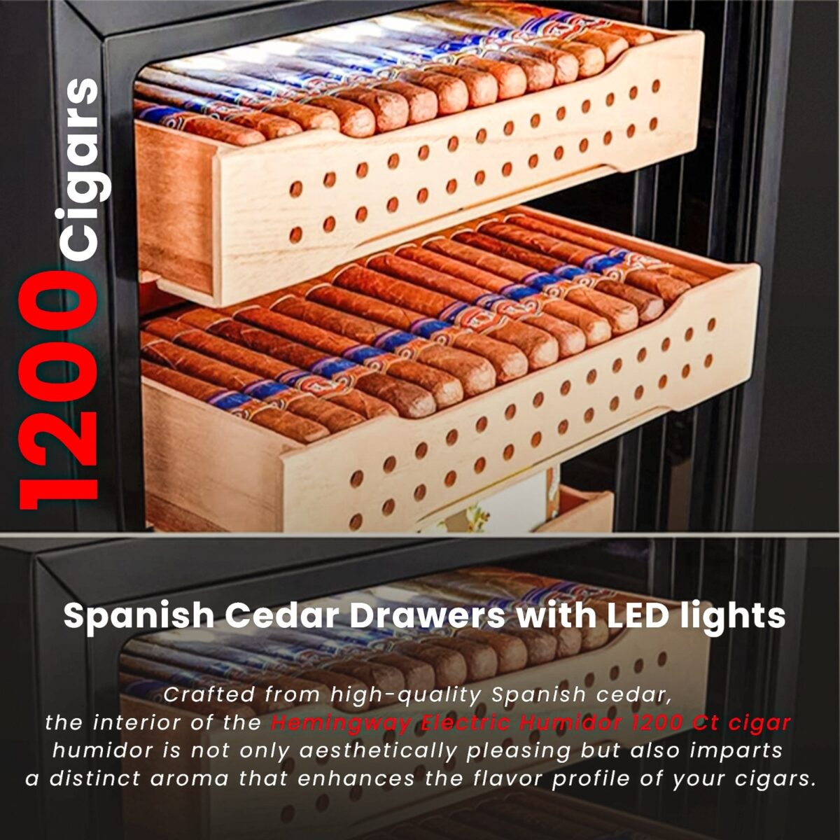 Hemingway electric cigar humidor with Spanish cedar drawers and LED lights, holds up to 1200 cigars