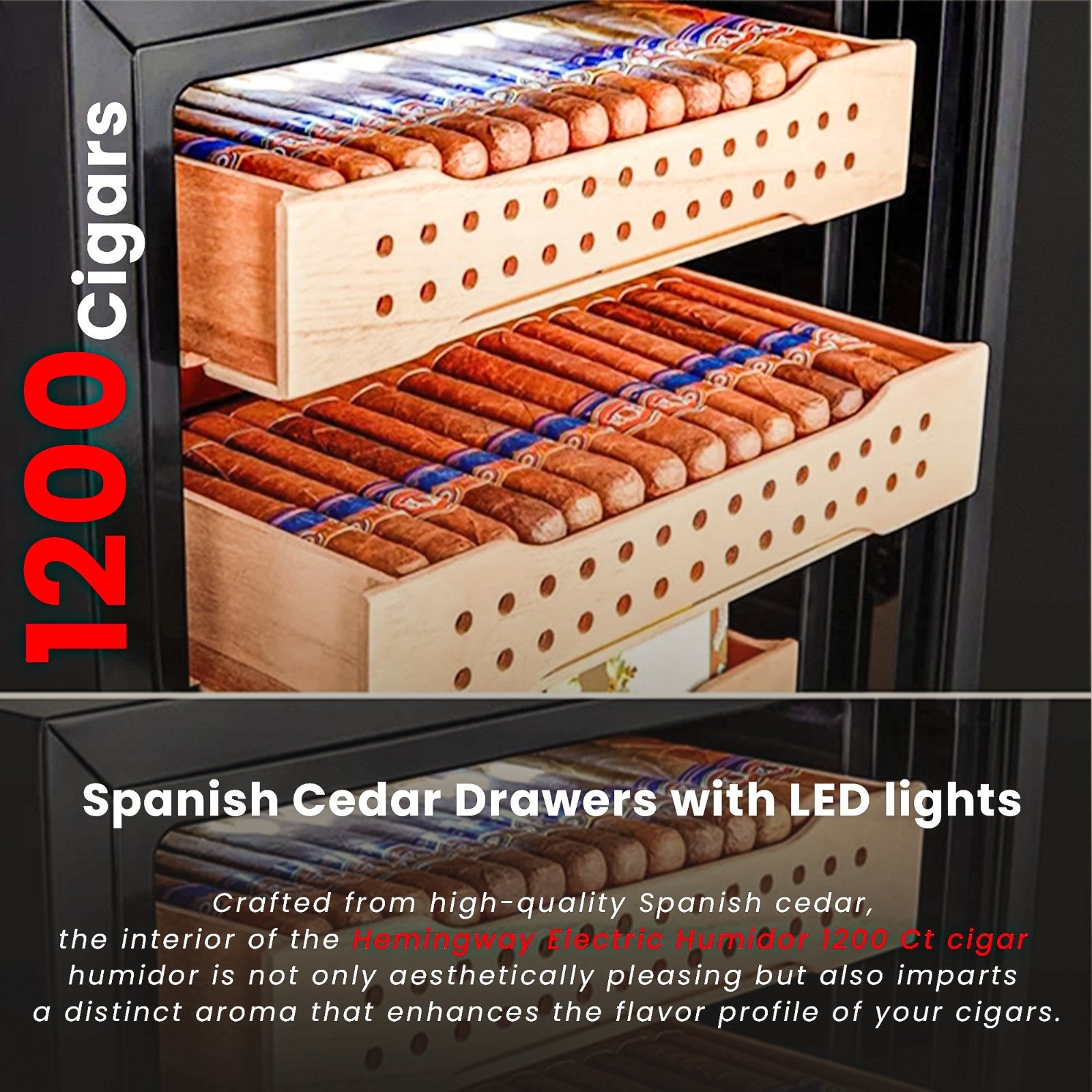 Hemingway Electric Humidor 1200 Ct – Spanish Cedar Drawers Hemingway electric cigar humidor with Spanish cedar drawers and LED lights, holds up to 1200 cigars