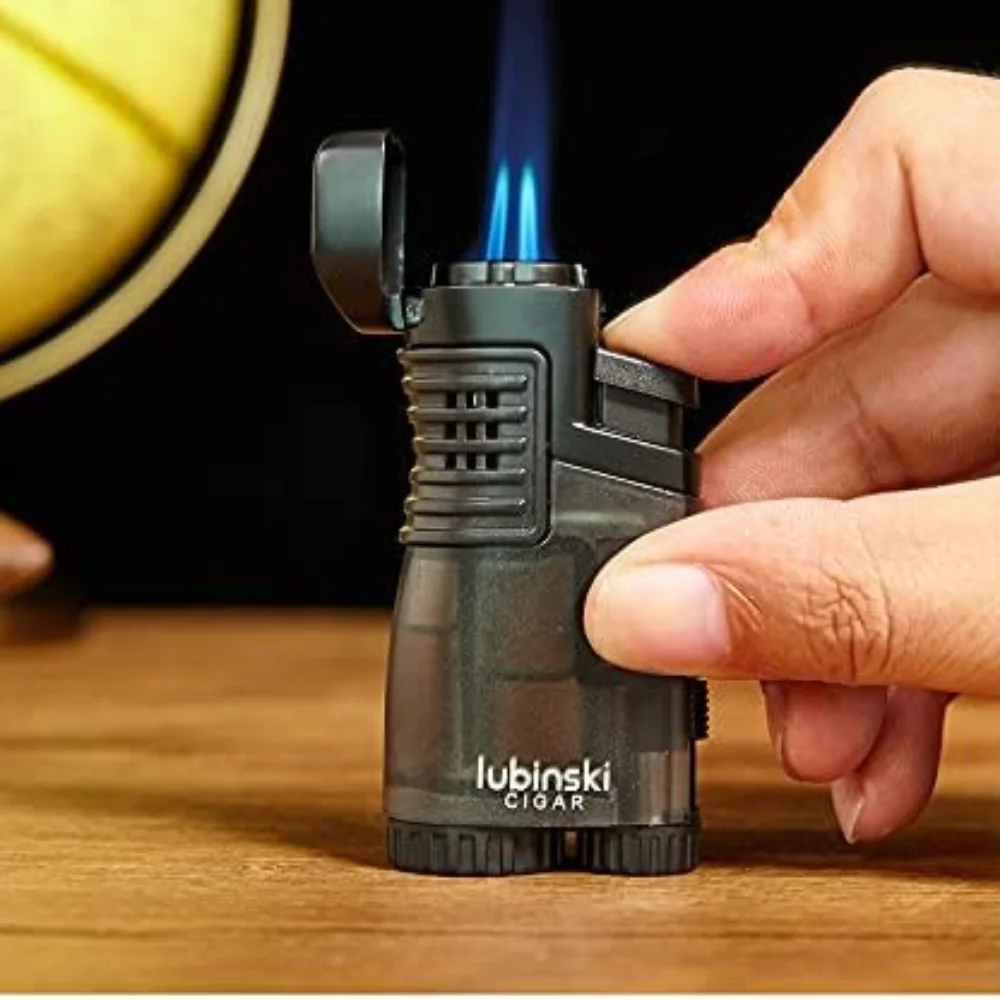 LUBINSKI Cigar Cutter and Torch Lighter 3 Jet Cigar Lighter w Punch, Security Lock Cigar Cutter W Cigar Stand Gift Set (Black) - Image 2