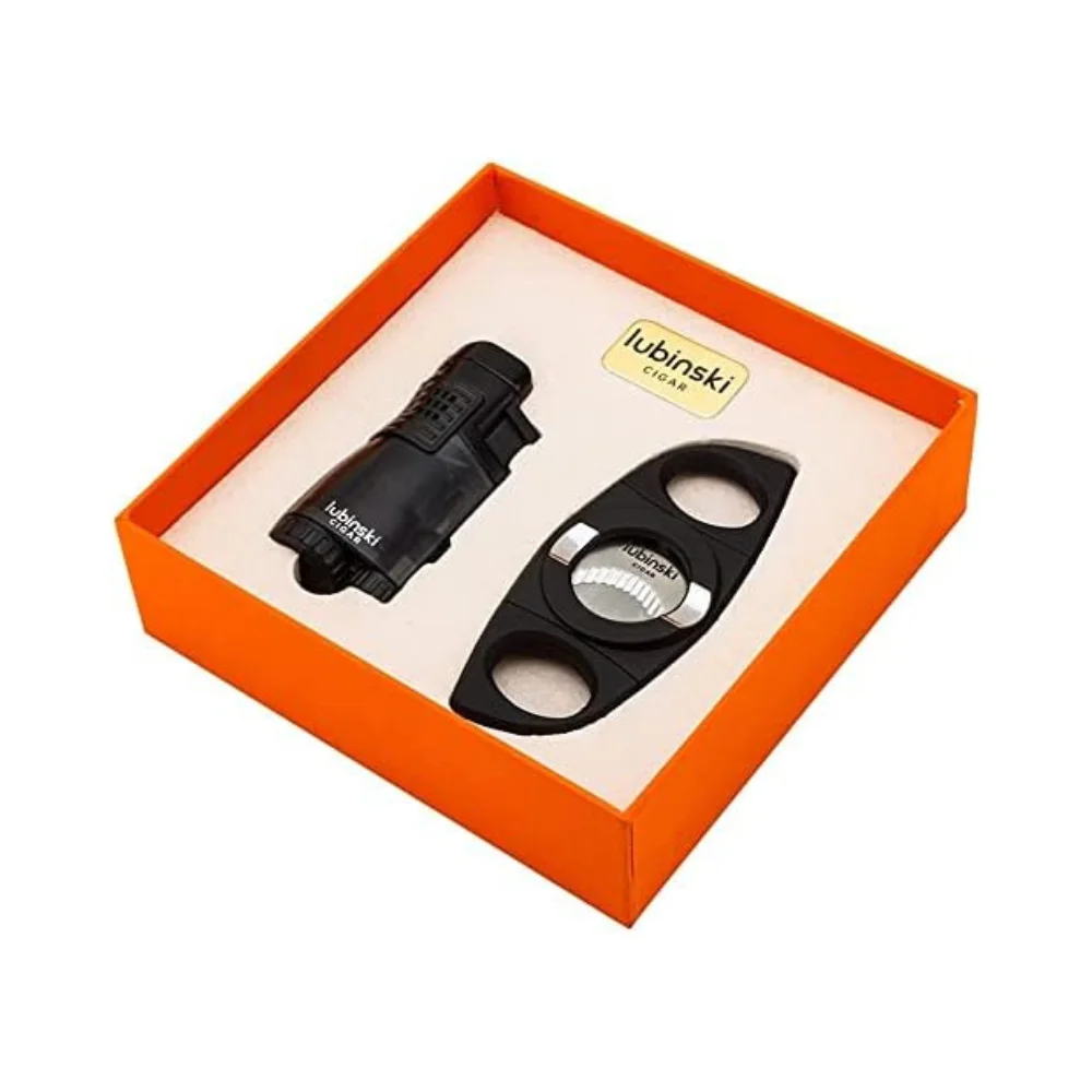 LUBINSKI Cigar Cutter and Torch Lighter 3 Jet Cigar Lighter w Punch, Security Lock Cigar Cutter W Cigar Stand Gift Set (Black) - Image 5