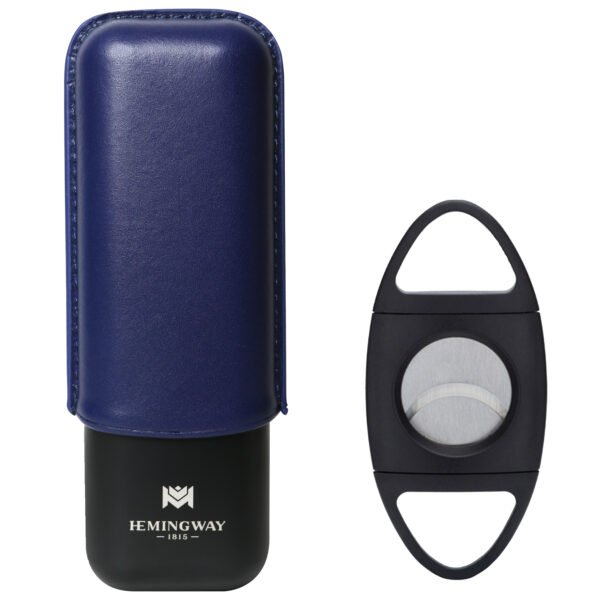 Hemingway Blue Leather Cigar Case with Cutter – Travel Cigar Holder Set