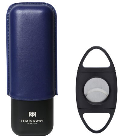 Hemingway Blue Leather Cigar Case with Cutter – Travel Cigar Holder Set