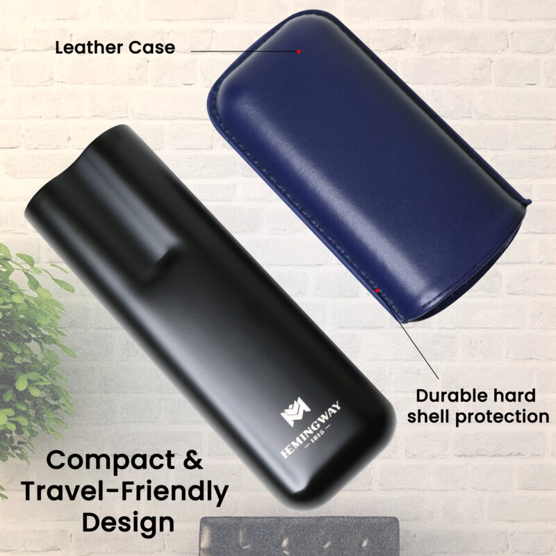Hemingway Luxury Stainless Steel and Leather Portable Travel Cigar Humidor Case Blue | Holds Up to 2 Cigars
