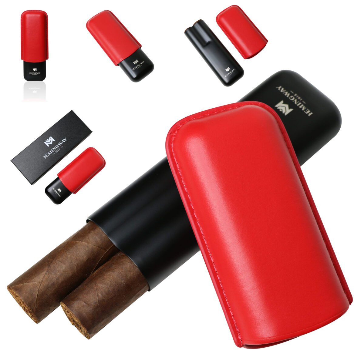 Hemingway Stainless Steel & Leather Portable Travel Cigar Humidor Case Red | Holds Up to 2 Cigars