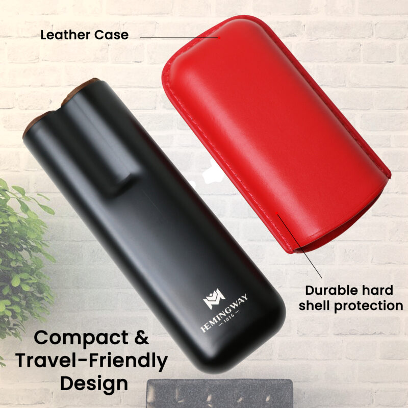 Hemingway Stainless Steel & Leather Portable Travel Cigar Humidor Case Red | Holds Up to 2 Cigars