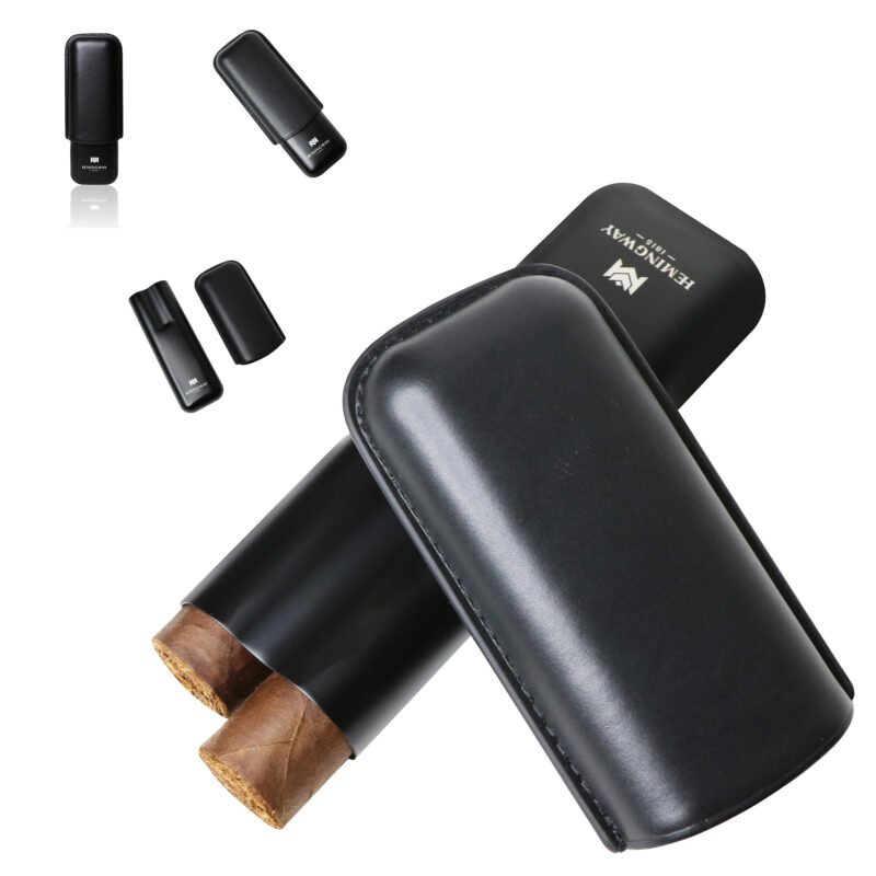 Hemingway Stainless Steel & Leather Portable Travel Cigar Humidor Case Black | Holds Up to 2 Cigars