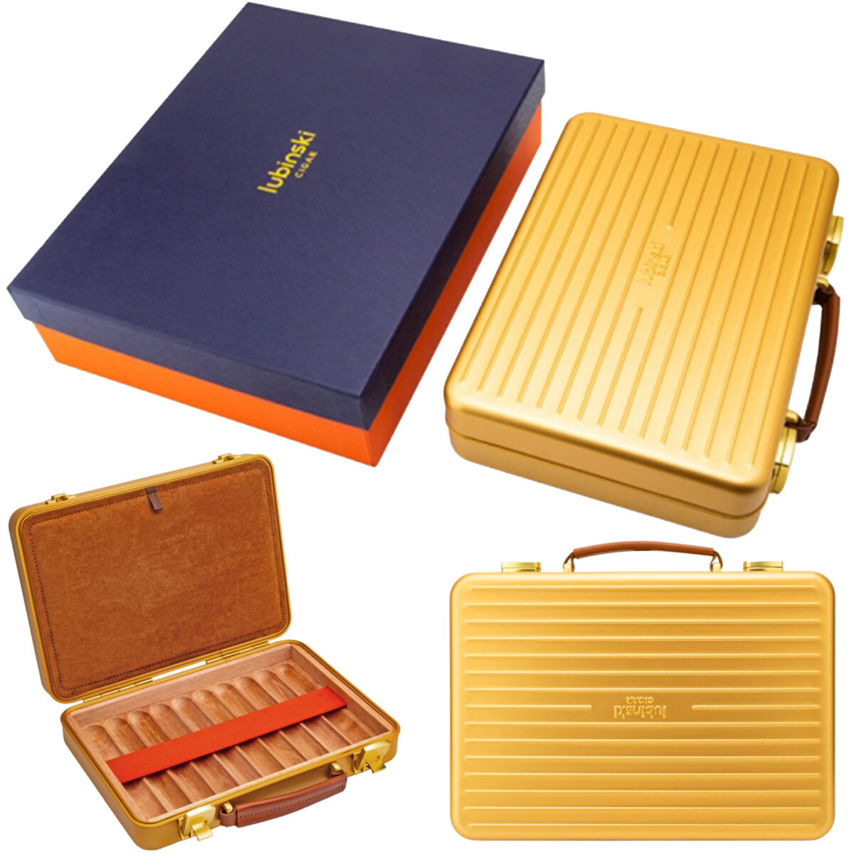 Lubinski Luxury Aluminium Alloy Cigar Humidor Portable Cigar Storage Box Cedar Wood Interior Holds 20 Cigars Gold