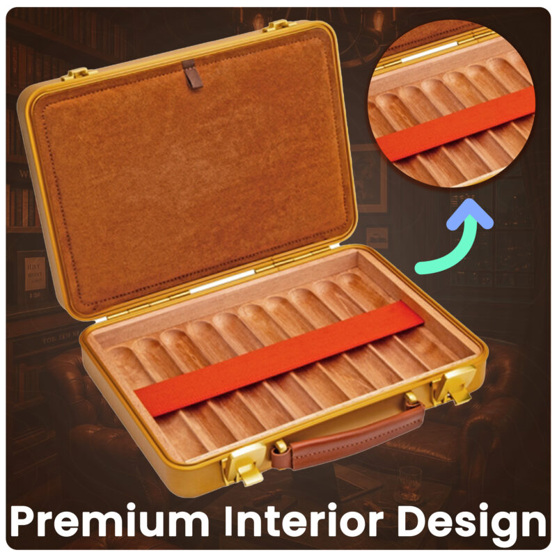 Lubinski Luxury Aluminium Alloy Cigar Humidor Portable Cigar Storage Box Cedar Wood Interior Holds 20 Cigars Gold