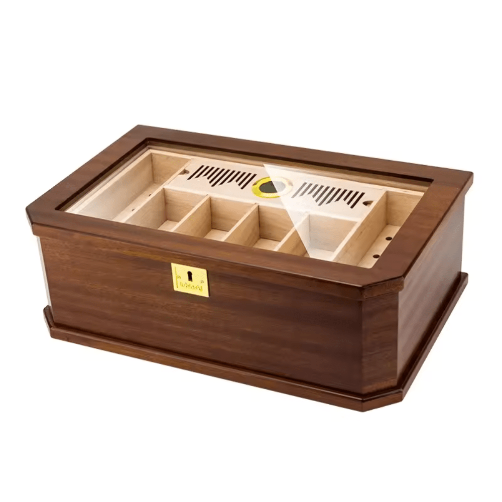 Travel Cigar Humidor Cedar Wood Double Layer Large Capacity Cigar Box Plating Safety Lock Sapele Wood Finished