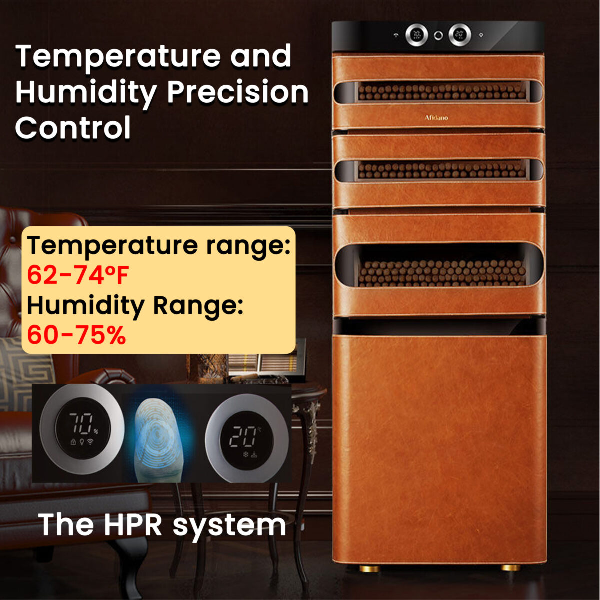 Afidano JC152A-L5 Leather Cigar Humidor – 1200 Capacity, App Control, Fingerprint Lock