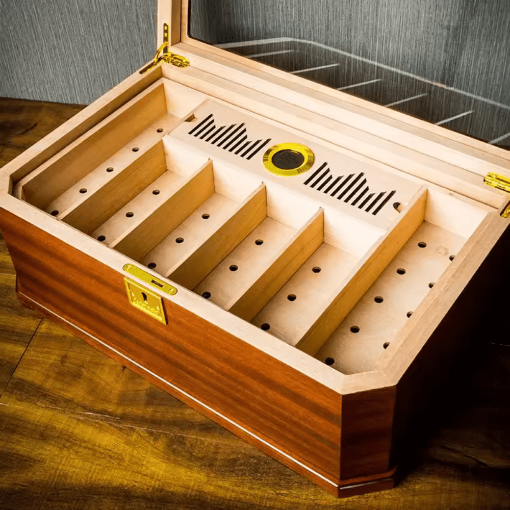 Travel Cigar Humidor Cedar Wood Double Layer Large Capacity Cigar Box Plating Safety Lock Sapele Wood Finished - Image 3