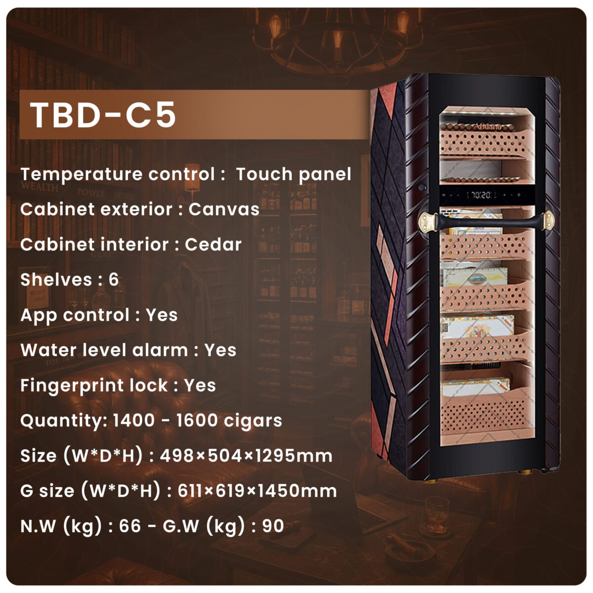 Afidano C5 Electric Cigar Humidor – 1400 Cigars, Fingerprint Lock, App Control