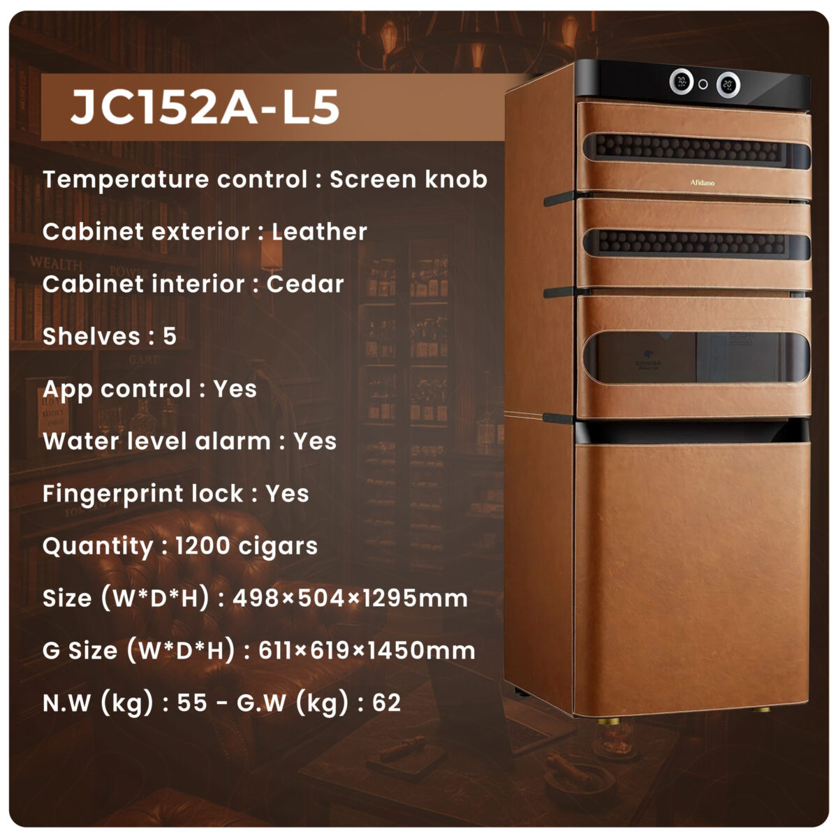 Afidano JC152A-L5 Leather Cigar Humidor – 1200 Capacity, App Control, Fingerprint Lock