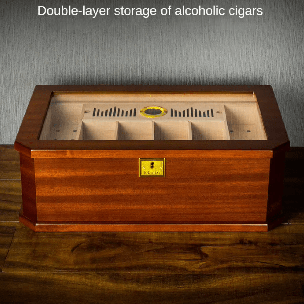 Travel Cigar Humidor Cedar Wood Double Layer Large Capacity Cigar Box Plating Safety Lock Sapele Wood Finished - Image 5
