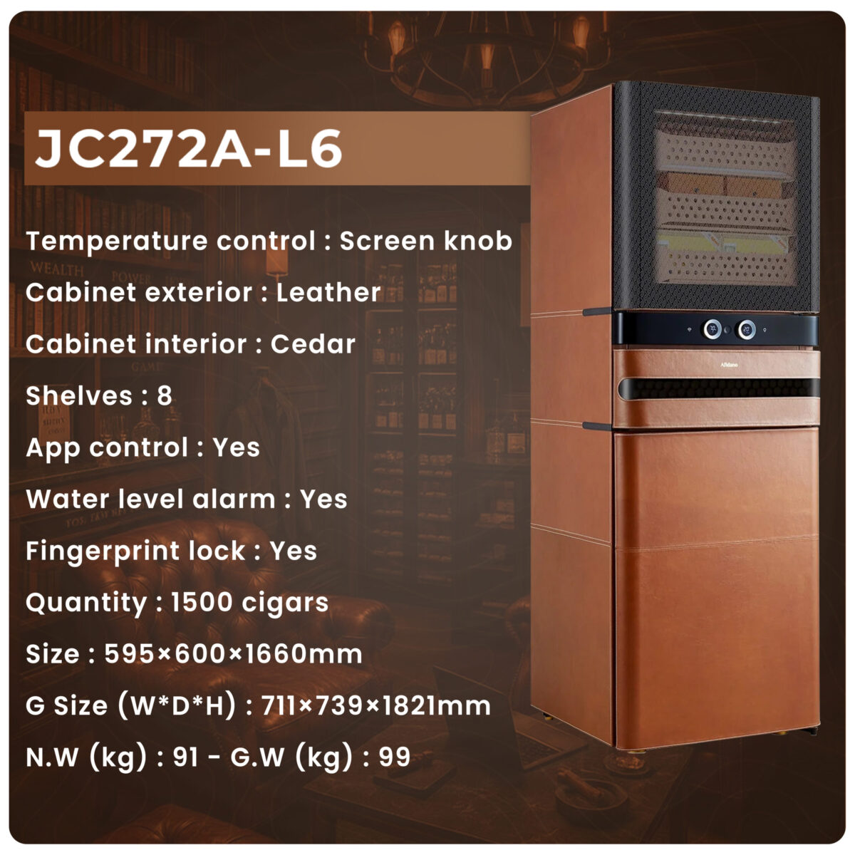 Afidano L6 Electric Cigar Humidor – 1500 Cigars, Leather Finish, Humidity & Temperature Control