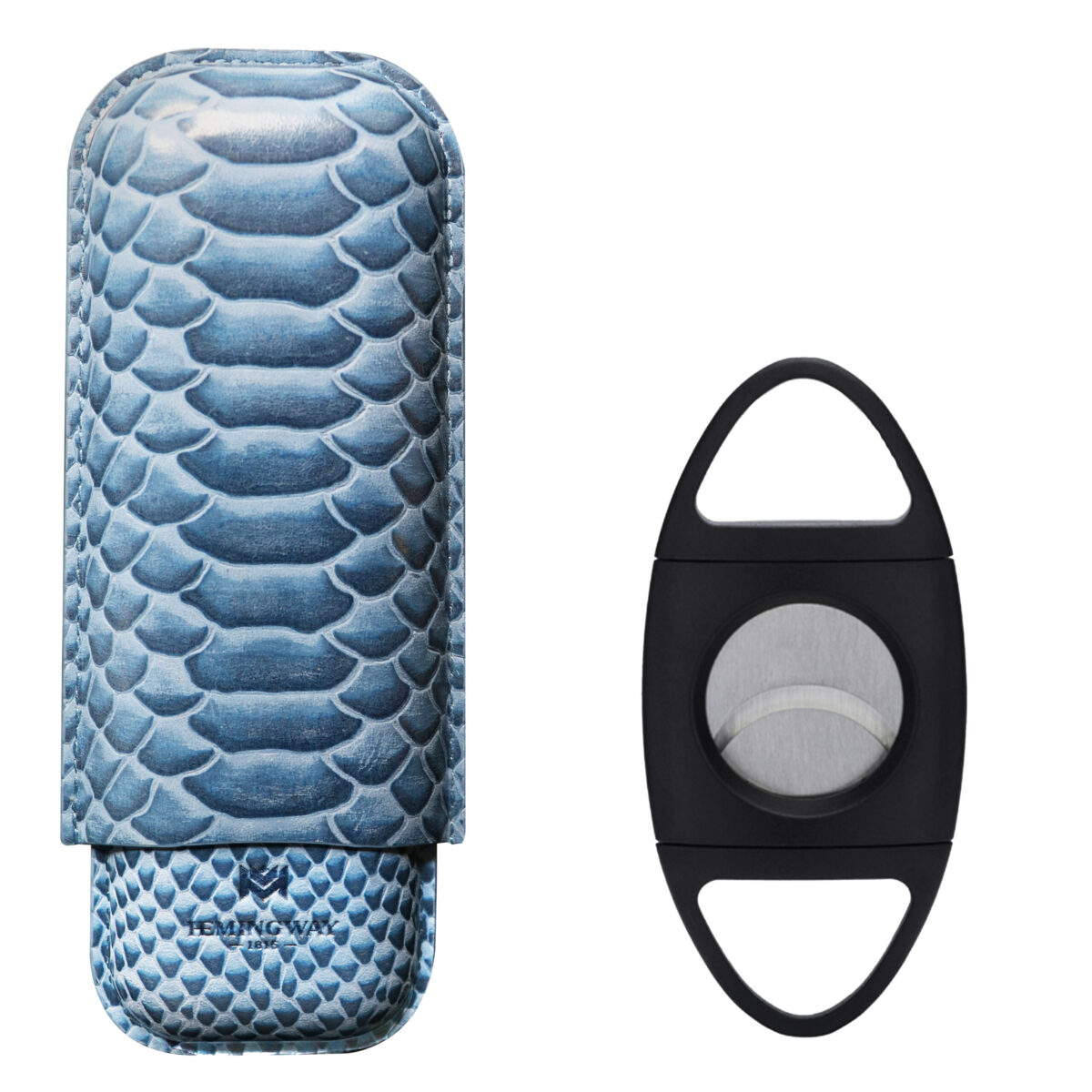 Hemingway Premium leather Cigar Case 2 Cigars Holder Snake Print Cigar Case Blue