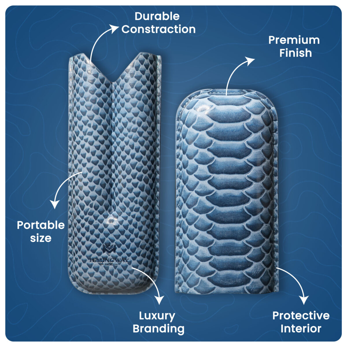 Hemingway Premium leather Cigar Case 2 Cigars Holder Snake Print Cigar Case Blue