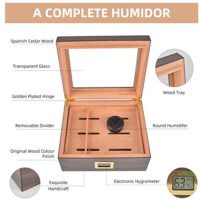 CIGAROL Glass Top Cigar Humidor | Digital Hygrometer & Spanish Cedar Tray