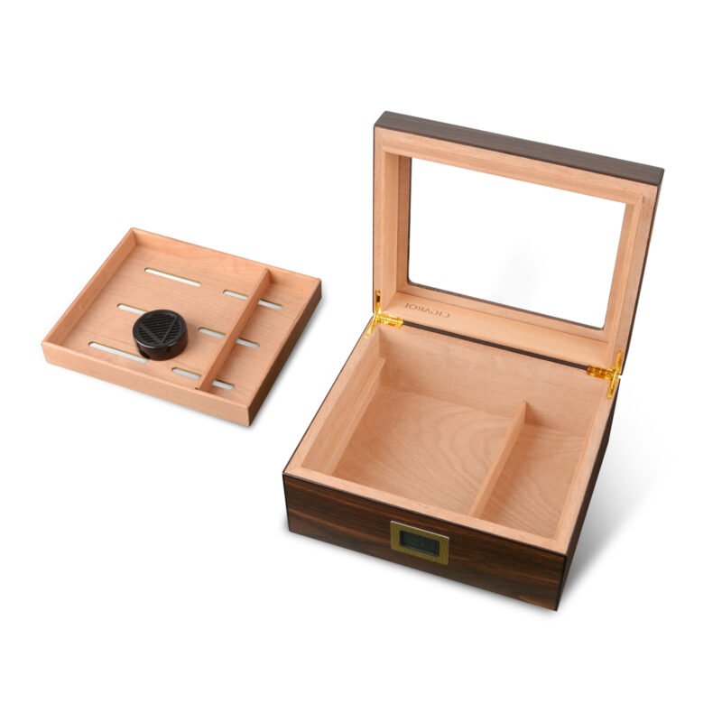 CIGAROL Glass Top Cigar Humidor | Digital Hygrometer & Spanish Cedar Tray