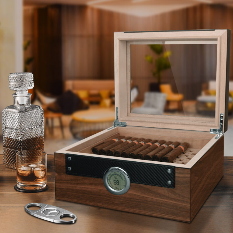 Cigarol Glass Top Humidor Set | Modern Carbon Fiber Design with Digital Hygrometer & Accessories