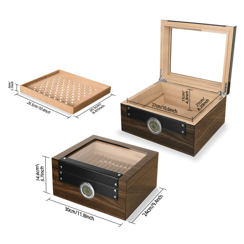 Cigarol Glass Top Humidor Set | Modern Carbon Fiber Design with Digital Hygrometer & Accessories